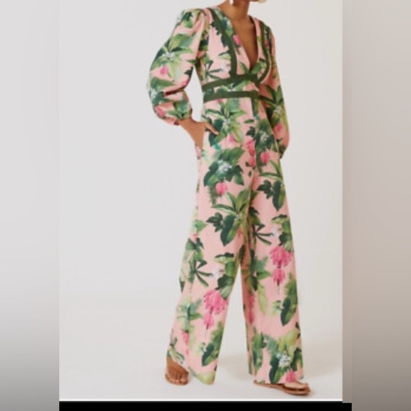 FARM Rio Pants - Farm Rio x Anthropologie XS NWT Deep-V Wide Leg Jumpsuit Tropical Floral Pink